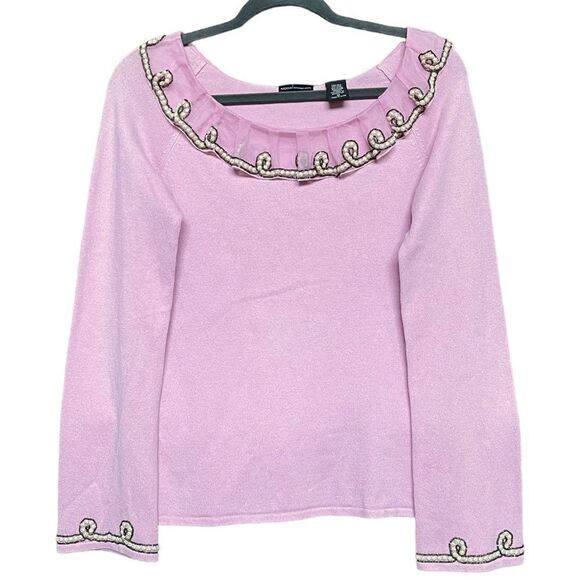 MODA INTERNATIONAL Barbie World Pink Beaded Ruffle Ballet Neck Knit Swea… - Picture 1 of 6